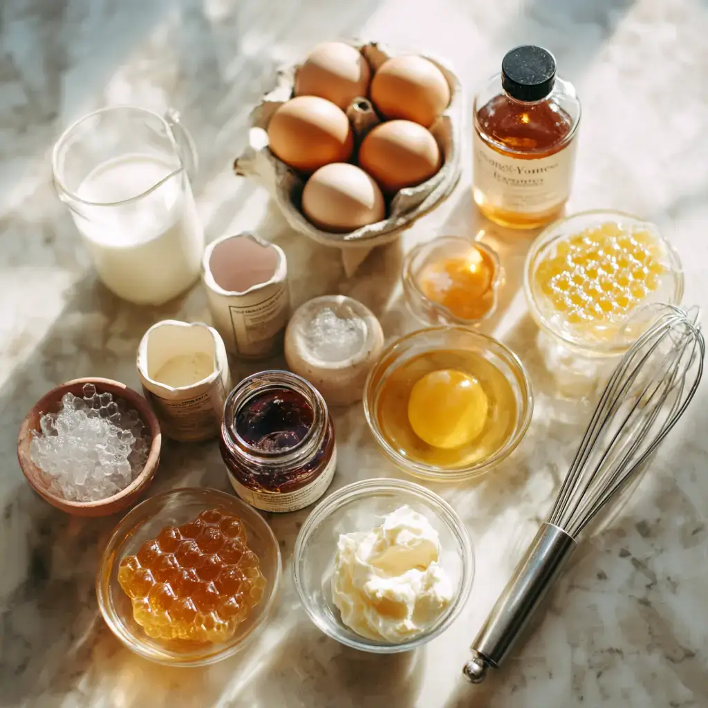 Ingredients for honeycomb pie recipe on light kitchen surface