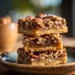 Close-up of Lazy Girl Pecan Pie Bars with golden pecan filling and buttery crust