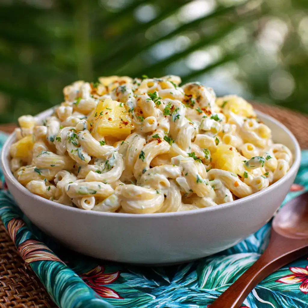 macaroni salad hawaii recipe in ceramic bowl