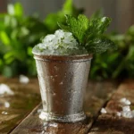Mint julep recipe in silver cup with crushed ice and mint