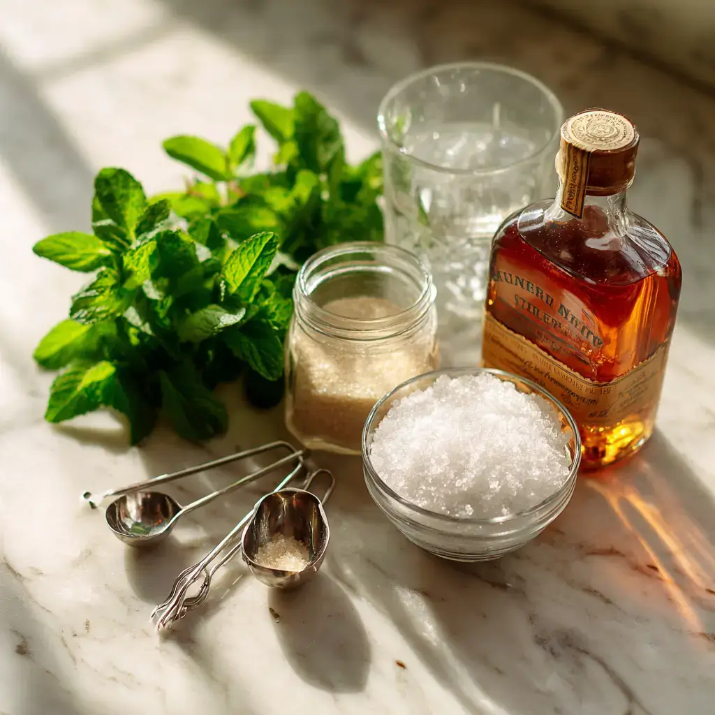 Mint julep ingredients on kitchen counter