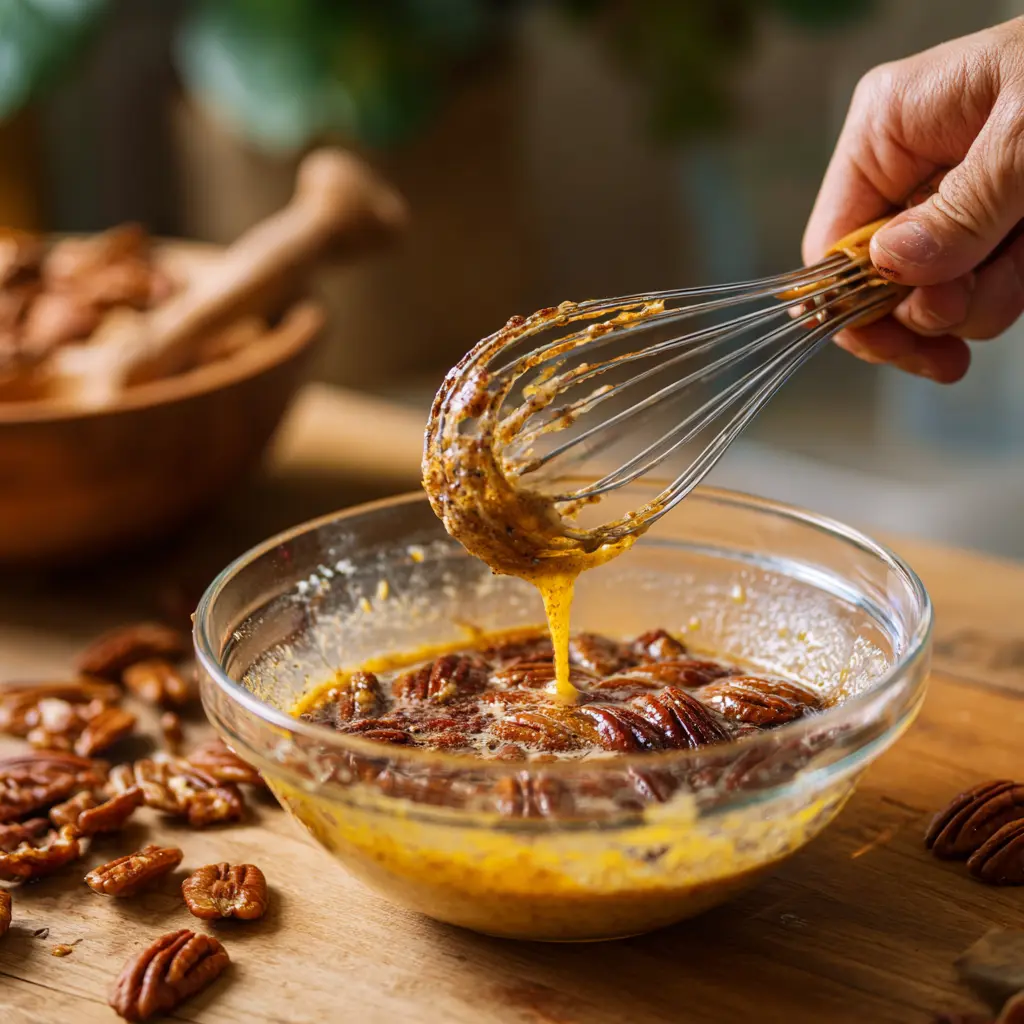 Mixing pecan pie filling ingredients in a clear bowl