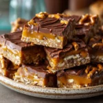 No Bake Caramel Pretzel Crack Bars close-up, gooey caramel and chocolate layers