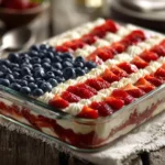 No bake flag cheesecake decorated like the American flag with strawberries and blueberries