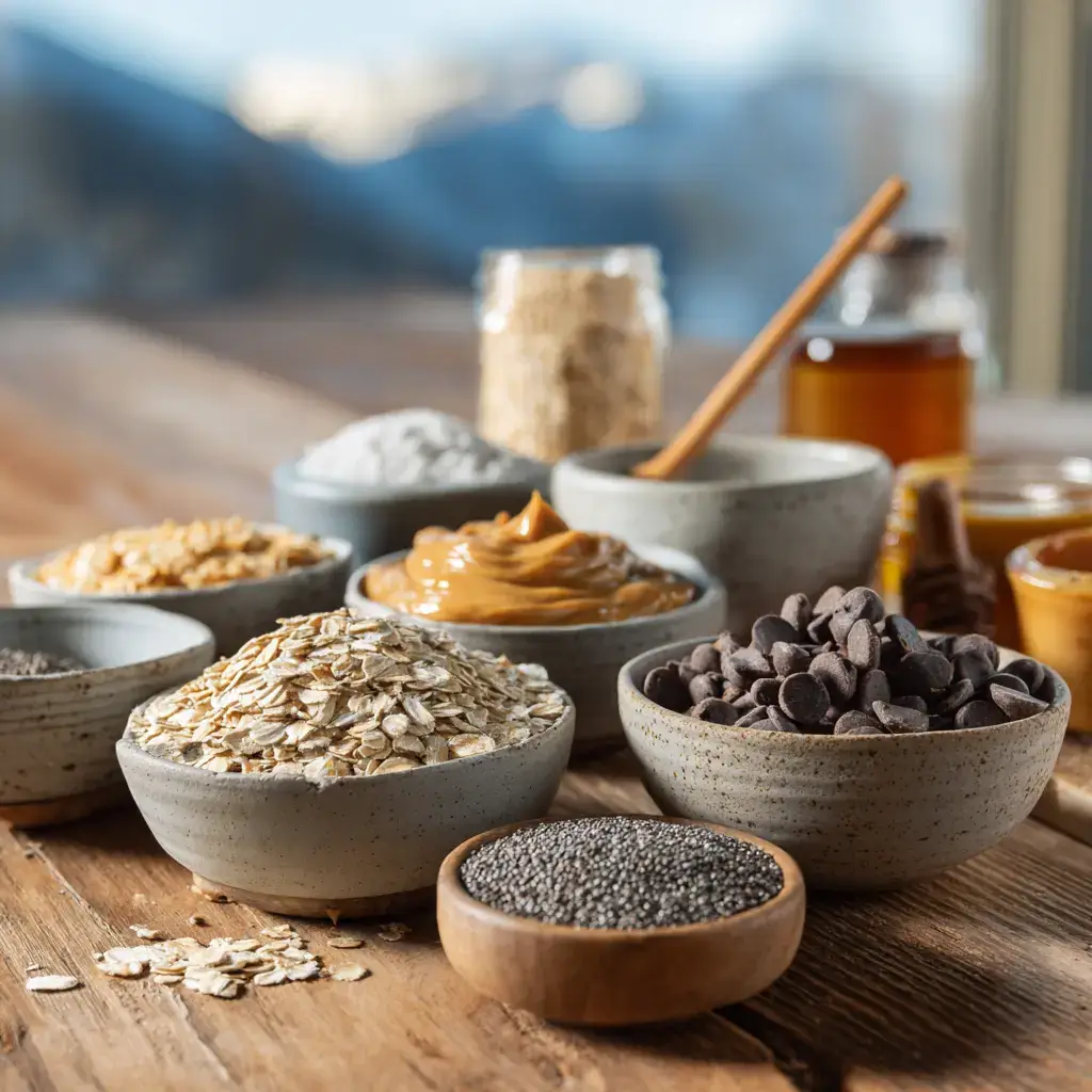 Ingredients for no bake peanut butter oat cups in bowls
