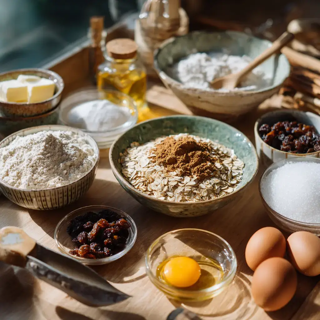 Oatmeal raisin cookie recipe ingredients flatlay