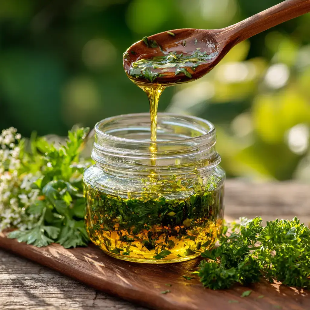 Pasta salad dressing in a glass jar with herbs