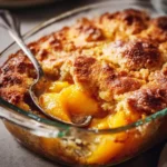 peach cobbler recipe in glass dish with golden crust