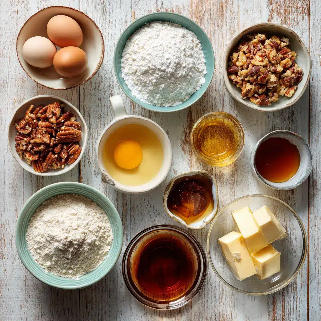 Flat-lay of ingredients for Lazy Girl Pecan Pie Bars in ceramic bowls