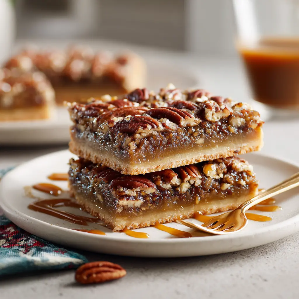 Sliced Lazy Girl Pecan Pie Bars served on a white plate with caramel drizzle