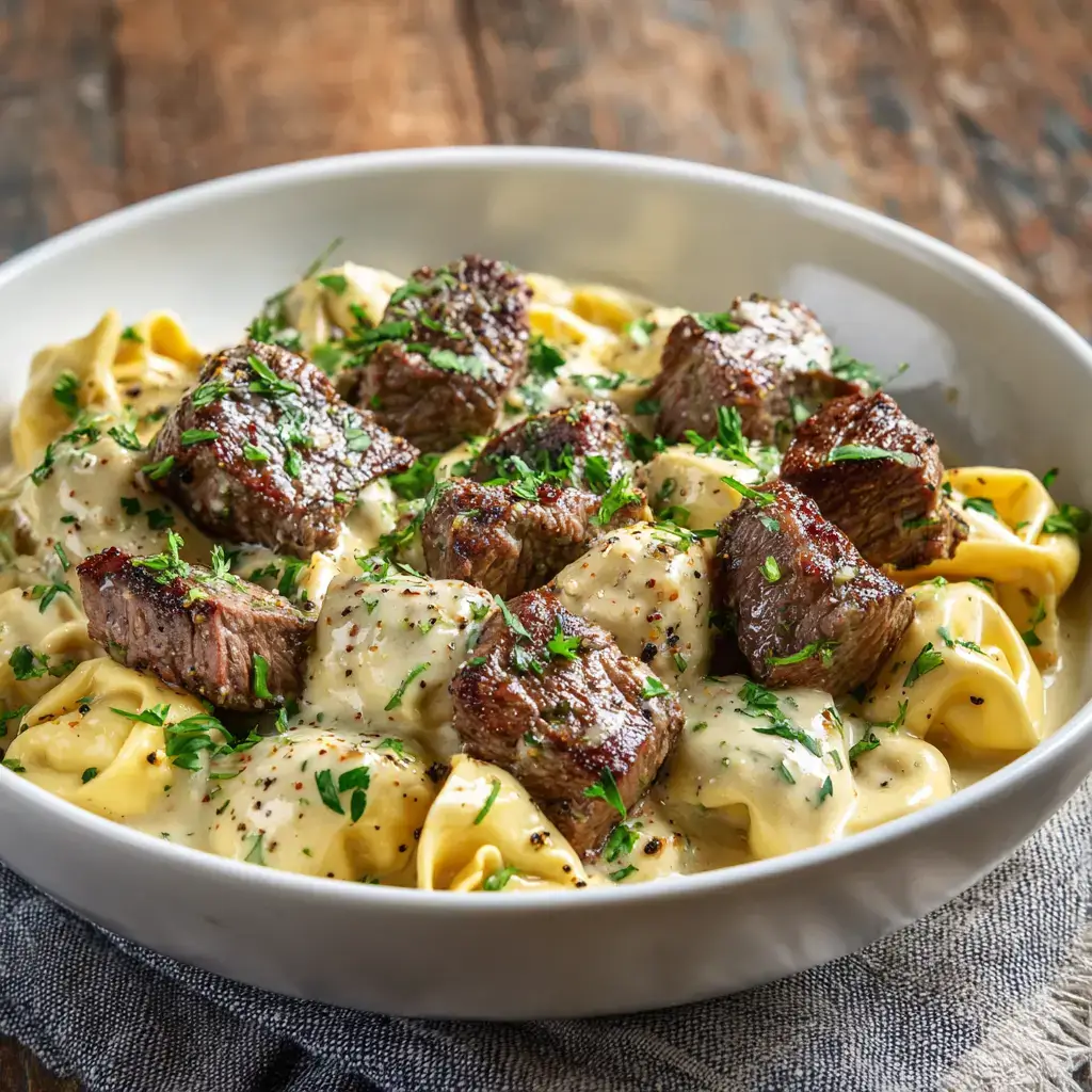 Plated garlic butter steak bites and Alfredo tortellini
