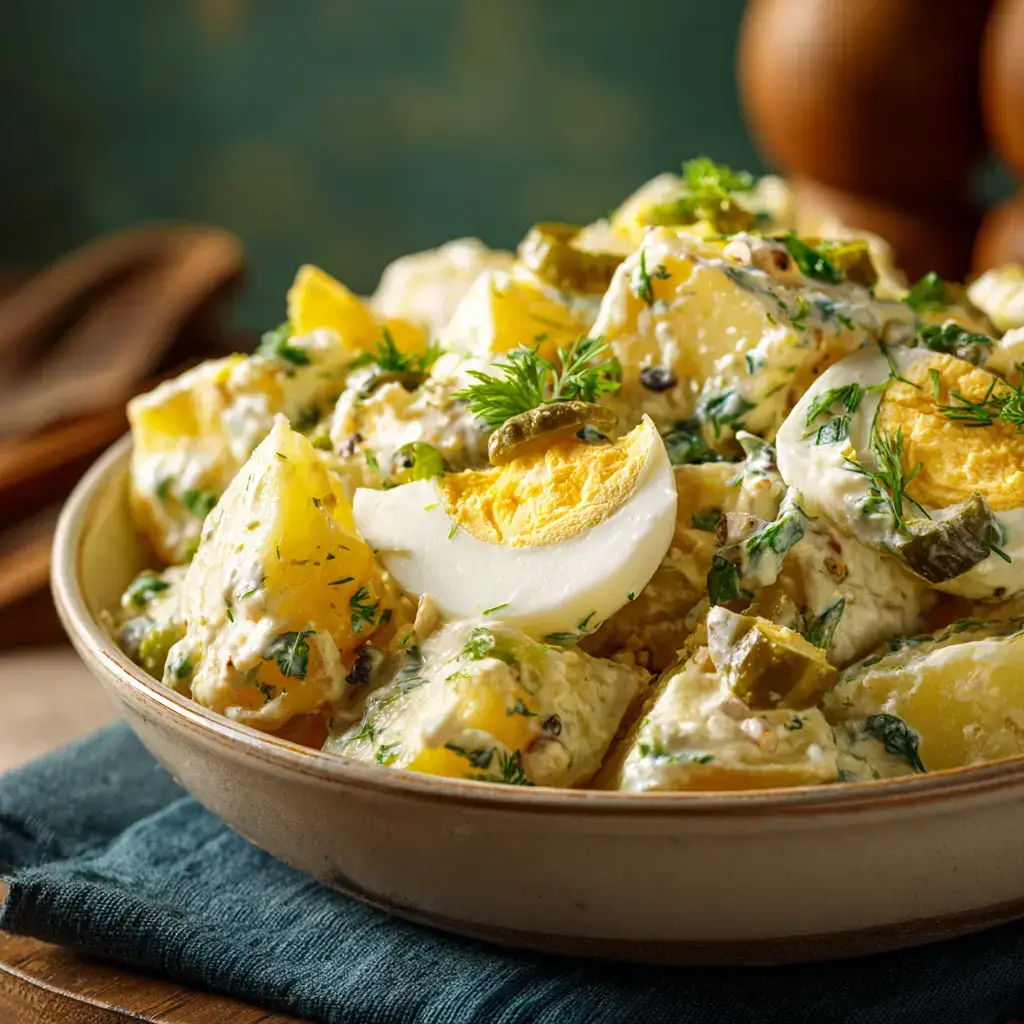 Creamy potato salad recipe with egg in ceramic bowl