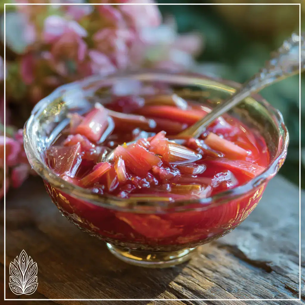 Close-up of homemade rhubarb sauce recipe in glass bowl