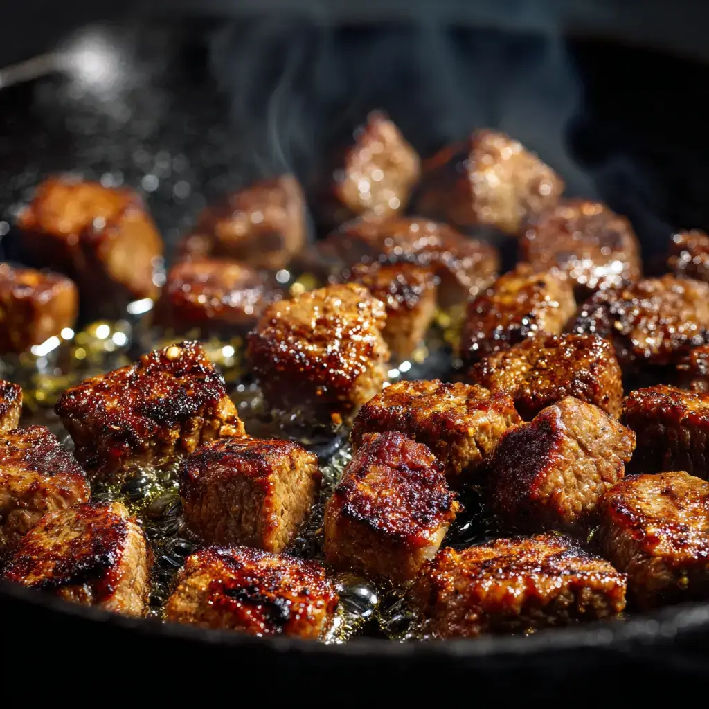 Searing steak bites in butter for pasta
