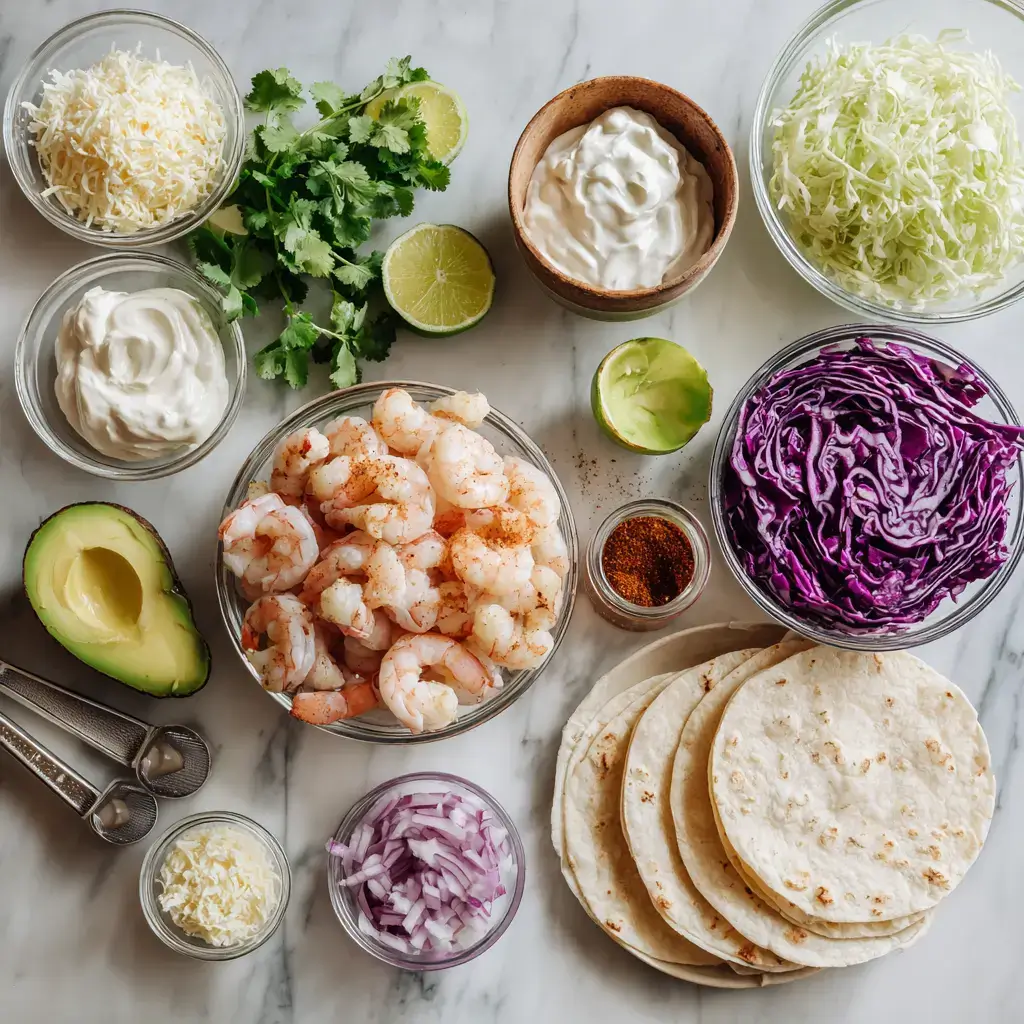 shrimp taco recipe ingredients flat-lay