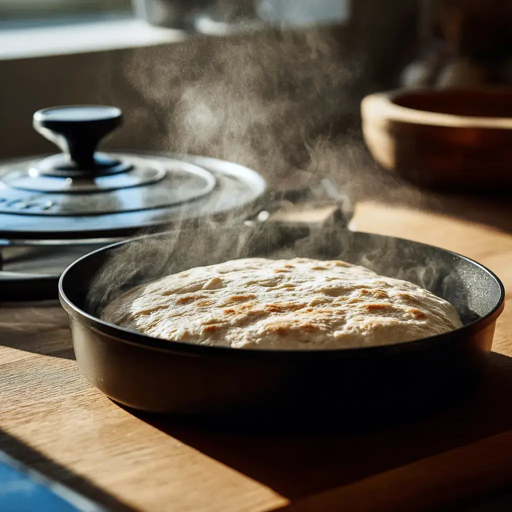 dough cooking in skillet with lid on stove