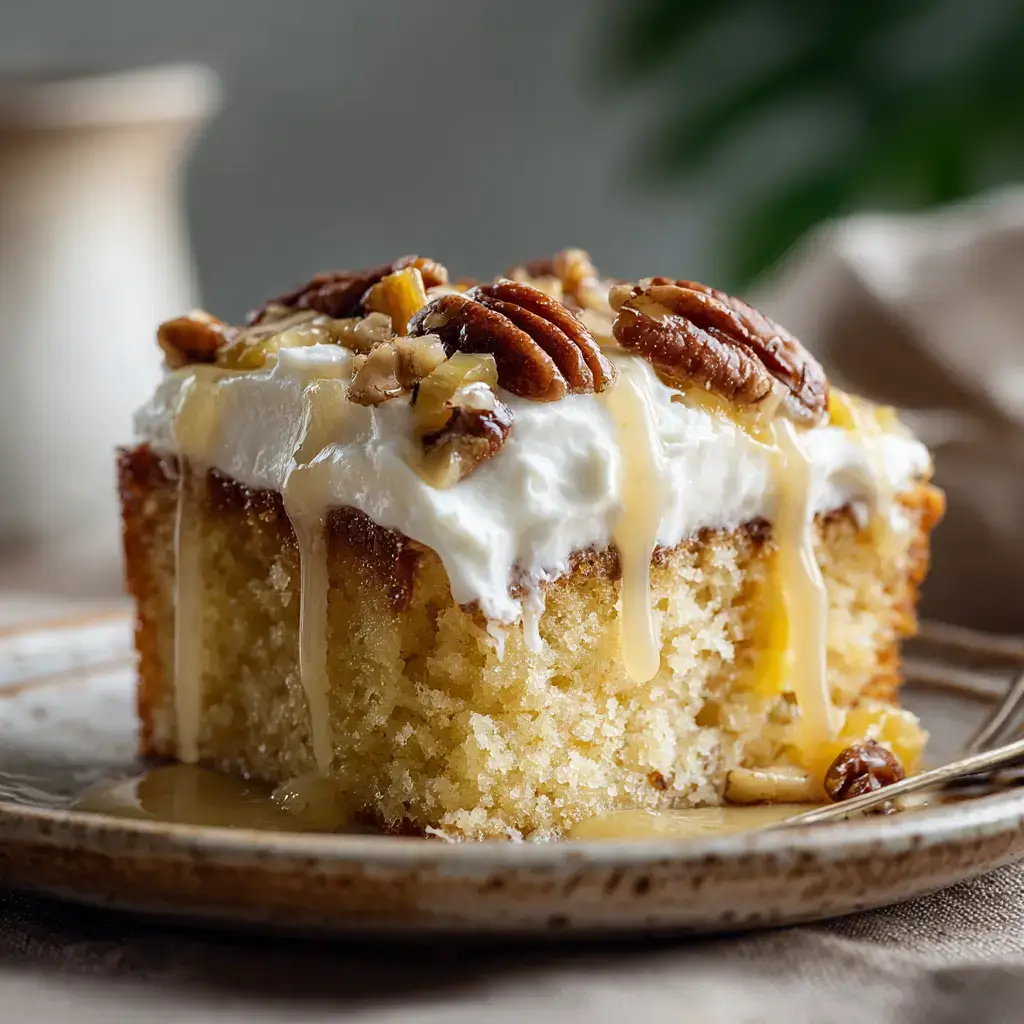 Southern Creamy Pineapple Pecan Cake slice with cream cheese frosting and syrup