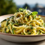 Stanley Tucci zucchini pasta recipe served in ceramic bowl