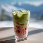 Strawberry matcha recipe in a tall glass showing green and pink layers