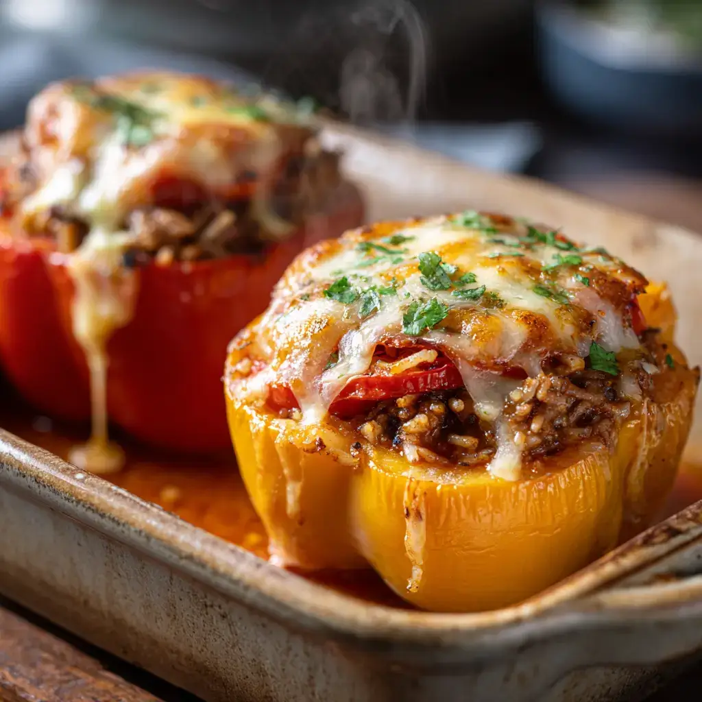 Close-up of stuffed bell pepper with melted cheese and beef