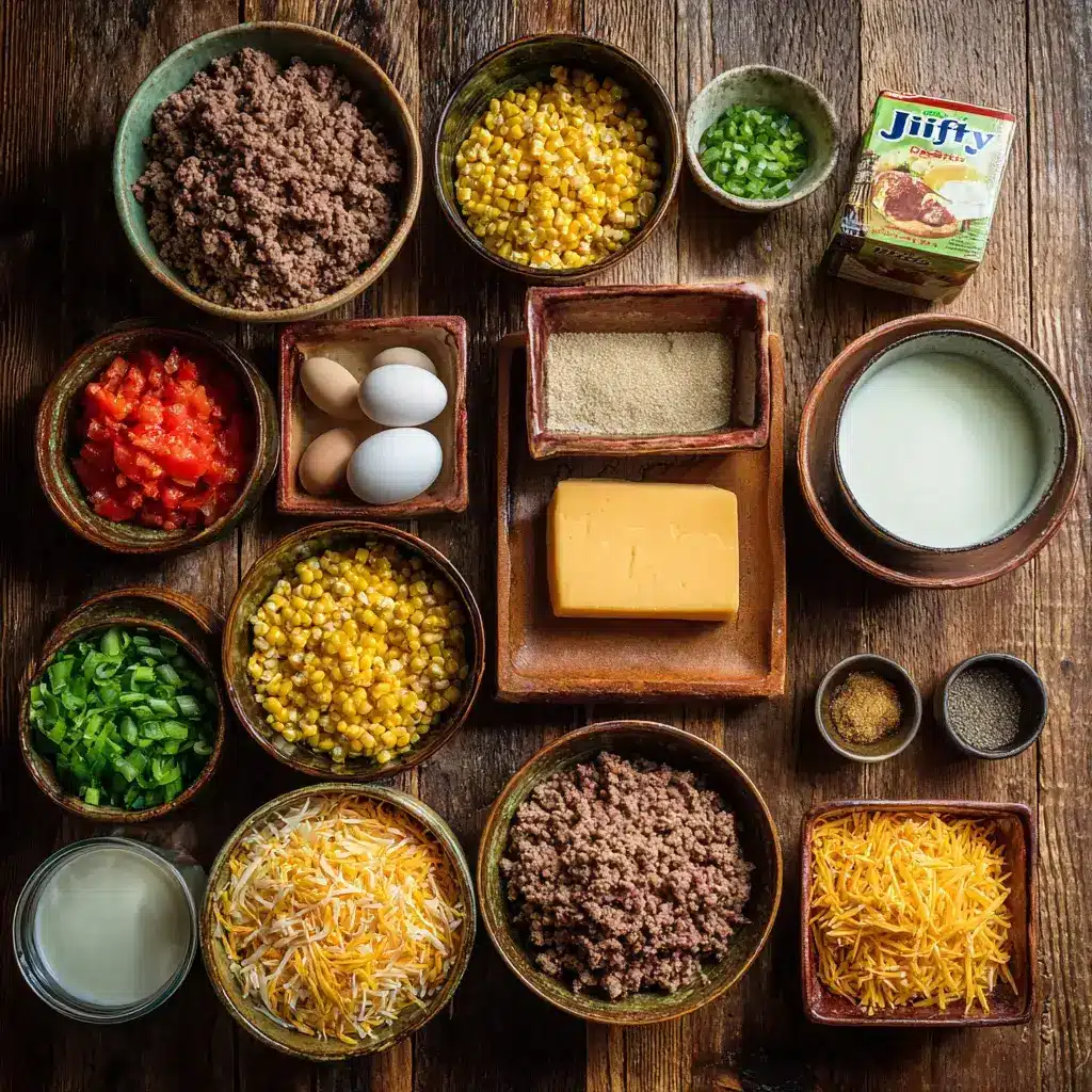Tamale pie recipe Jiffy ingredients in ceramic bowls