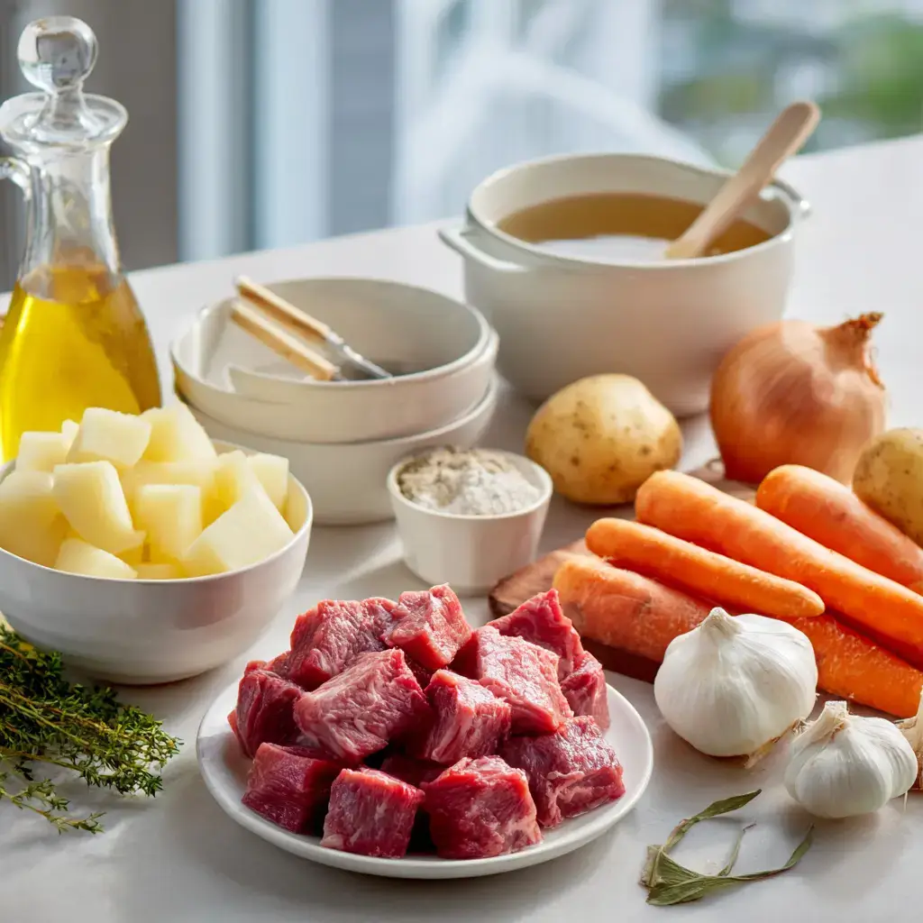 Traditional beef stew ingredients laid out on counter