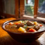 Traditional beef stew in rustic bowl with carrots and potatoes