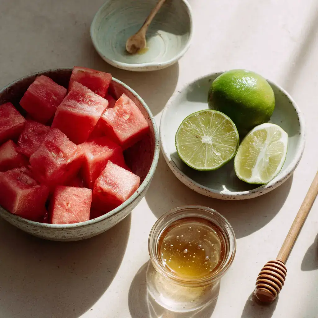 Watermelon sorbet ingredients flat lay