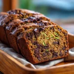 zucchini bread recipe with chocolate chips sliced loaf showing melted chocolate