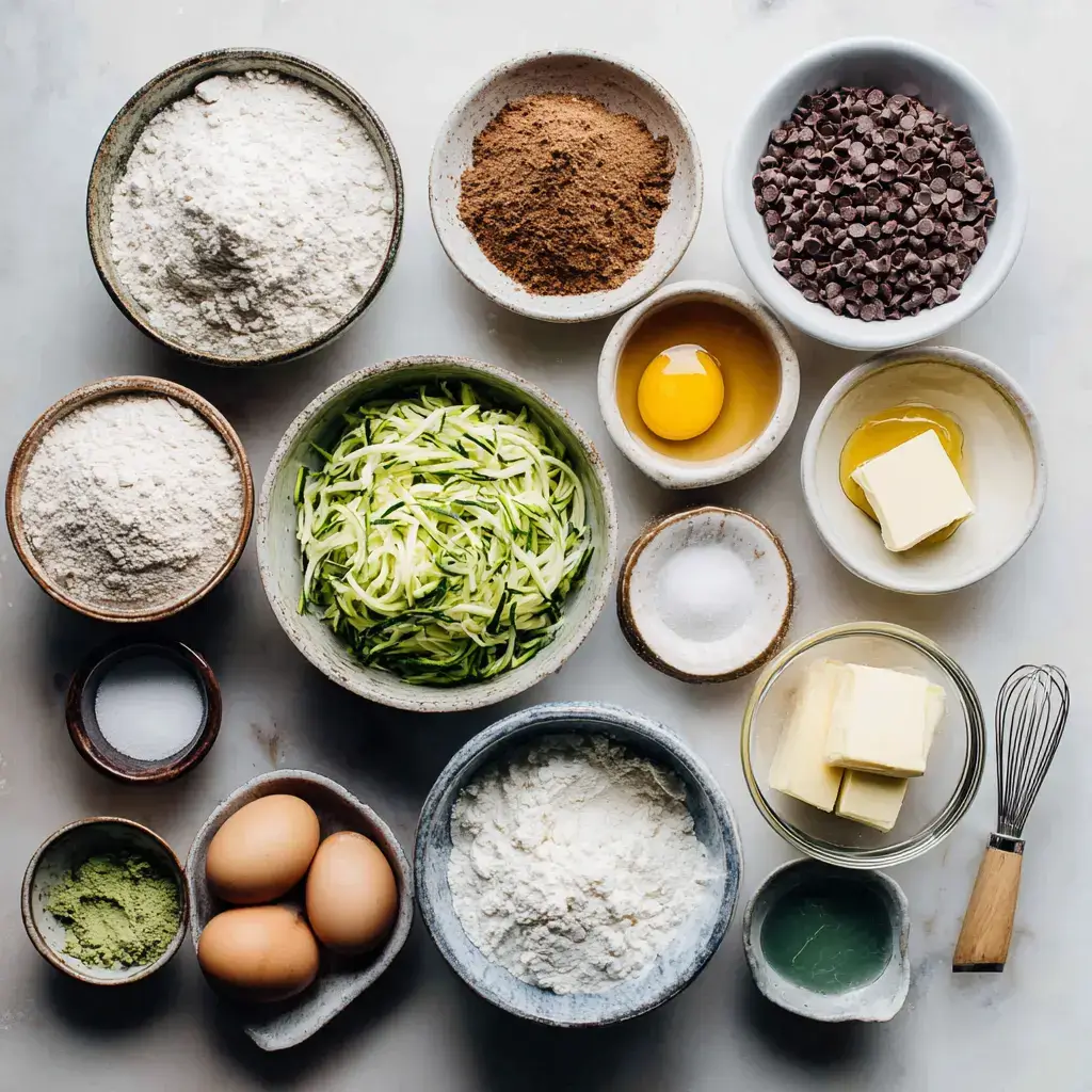 zucchini bread recipe with chocolate chips ingredients flat lay
