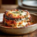 Baked eggplant parmesan no breading sliced in a rustic dish