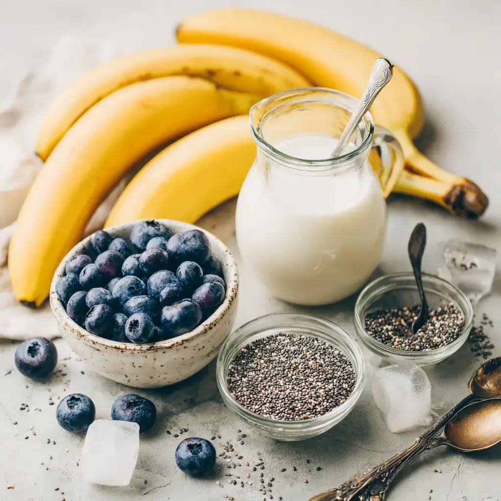 Banana blueberry smoothie ingredients with milk SEO Filename: banana-blueberry-smoothie-ingredients.jpg SEO Caption: Fresh bananas, blueberries, milk, chia seeds, and ice ready to blend into a banana blueberry smoothie. SEO Description: Flat-lay of banana blueberry smoothie ingredients with milk, chia seeds, and ice cubes arranged on a light countertop in ceramic and glass bowls. A perfect setup for a quick 5-minute smoothie recipe.