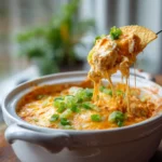 Buffalo chicken dip recipe crock pot served warm in white crock
