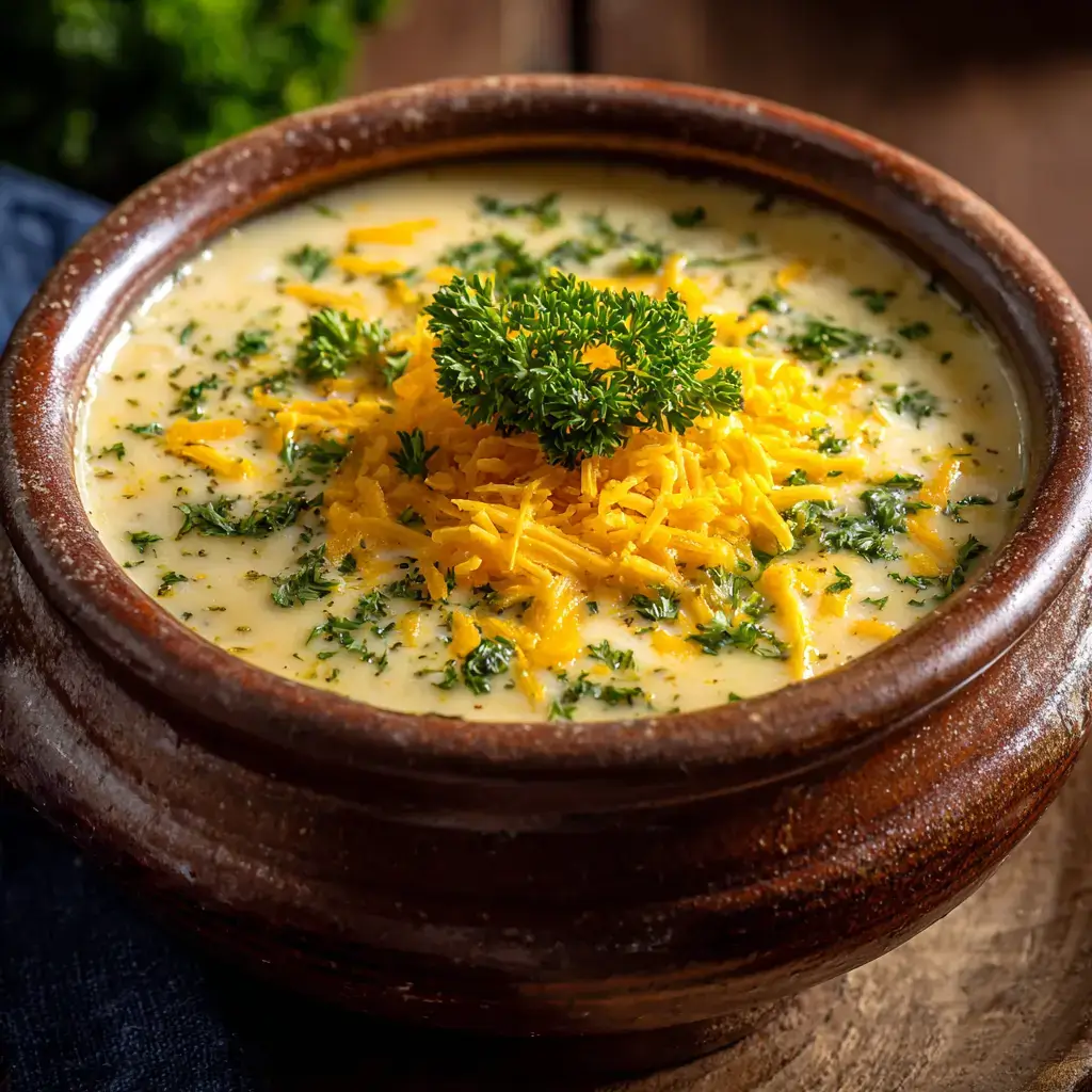 Cheddar Garlic Herb Potato Soup served in a rustic bowl