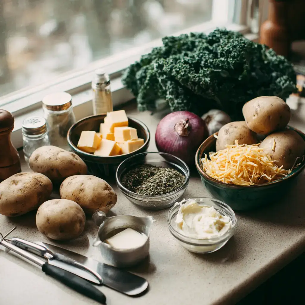 Ingredients for Cheddar Garlic Herb Potato Soup arranged on a countertop