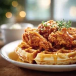Crispy fried chicken on Belgian waffles with honey butter