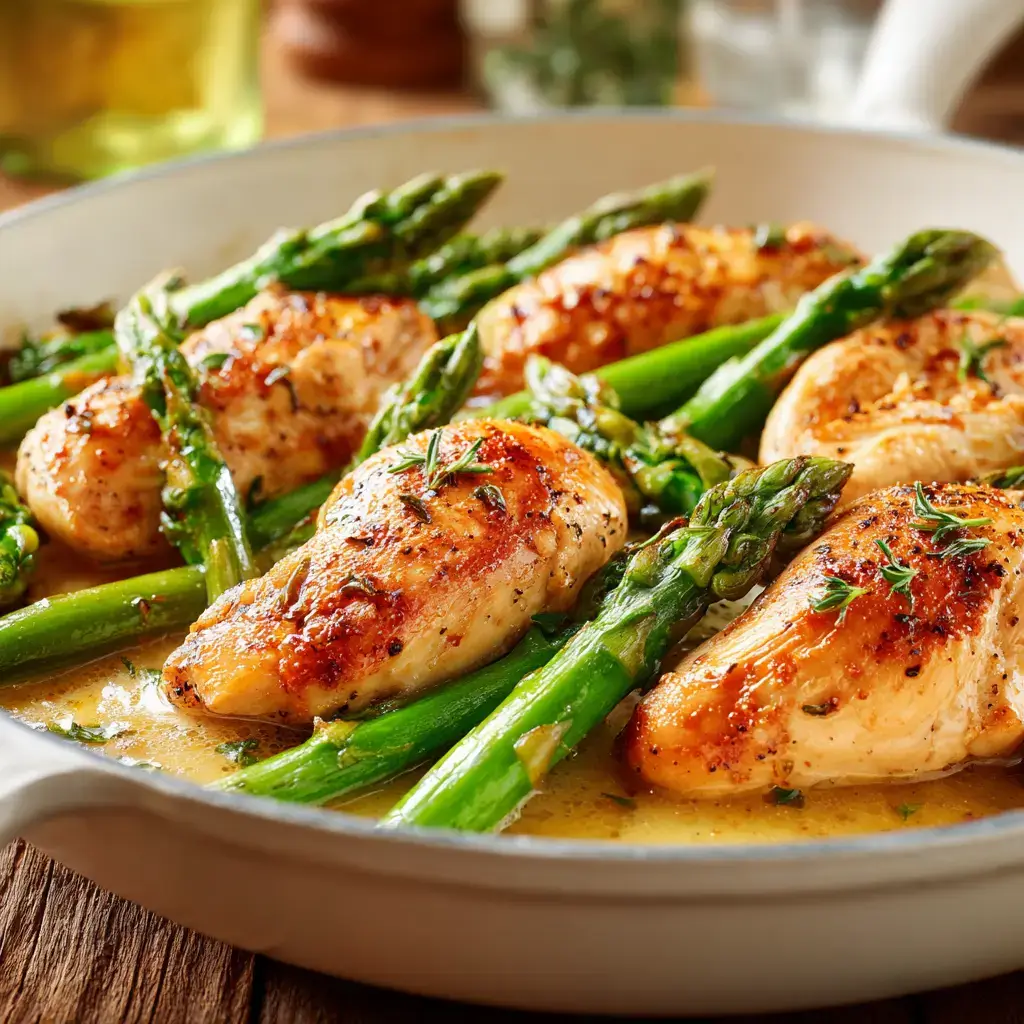 Chicken asparagus recipe in skillet with garlic butter