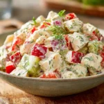 chicken salad recipe without celery in ceramic bowl with grapes and red bell pepper