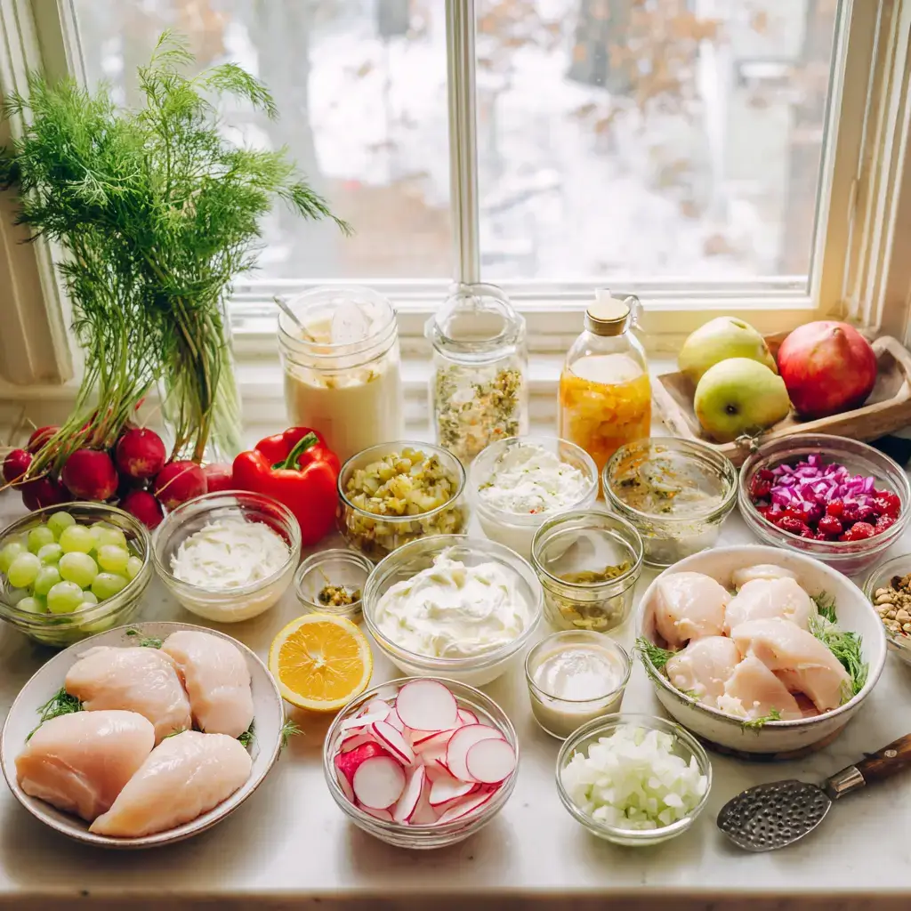 chicken salad without celery ingredients on countertop