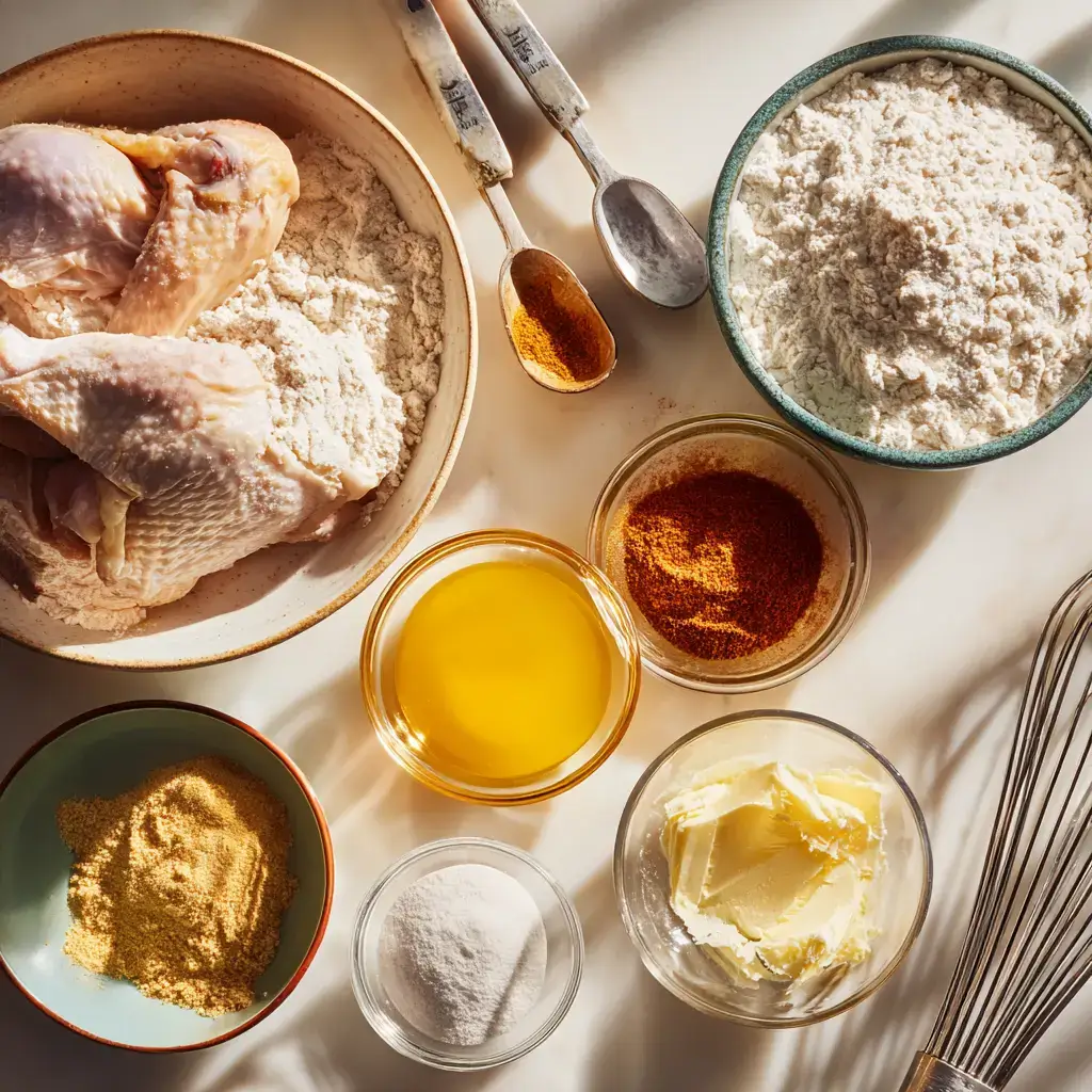 Ingredients for chicken and waffles recipe laid out on a counter