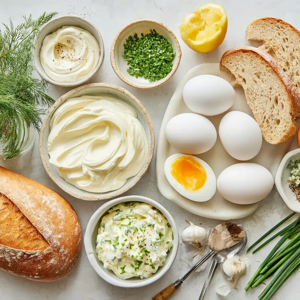 Egg salad sandwich recipe ingredients flat lay