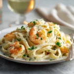 Creamy fettuccine shrimp alfredo recipe on a white ceramic plate