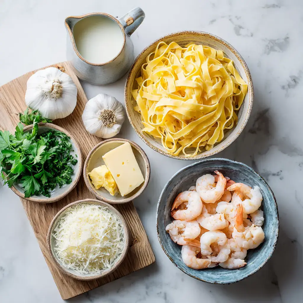 Ingredients for fettuccine shrimp alfredo on marble countertop