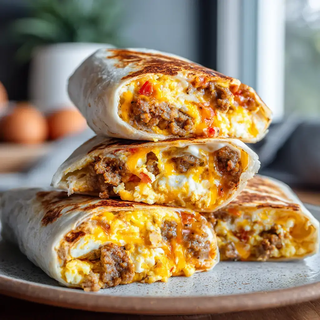 Freezing homemade breakfast burritos cut open with eggs, sausage, and cheese