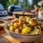 Close-up of grilled mustard potato salad with mustard dressing