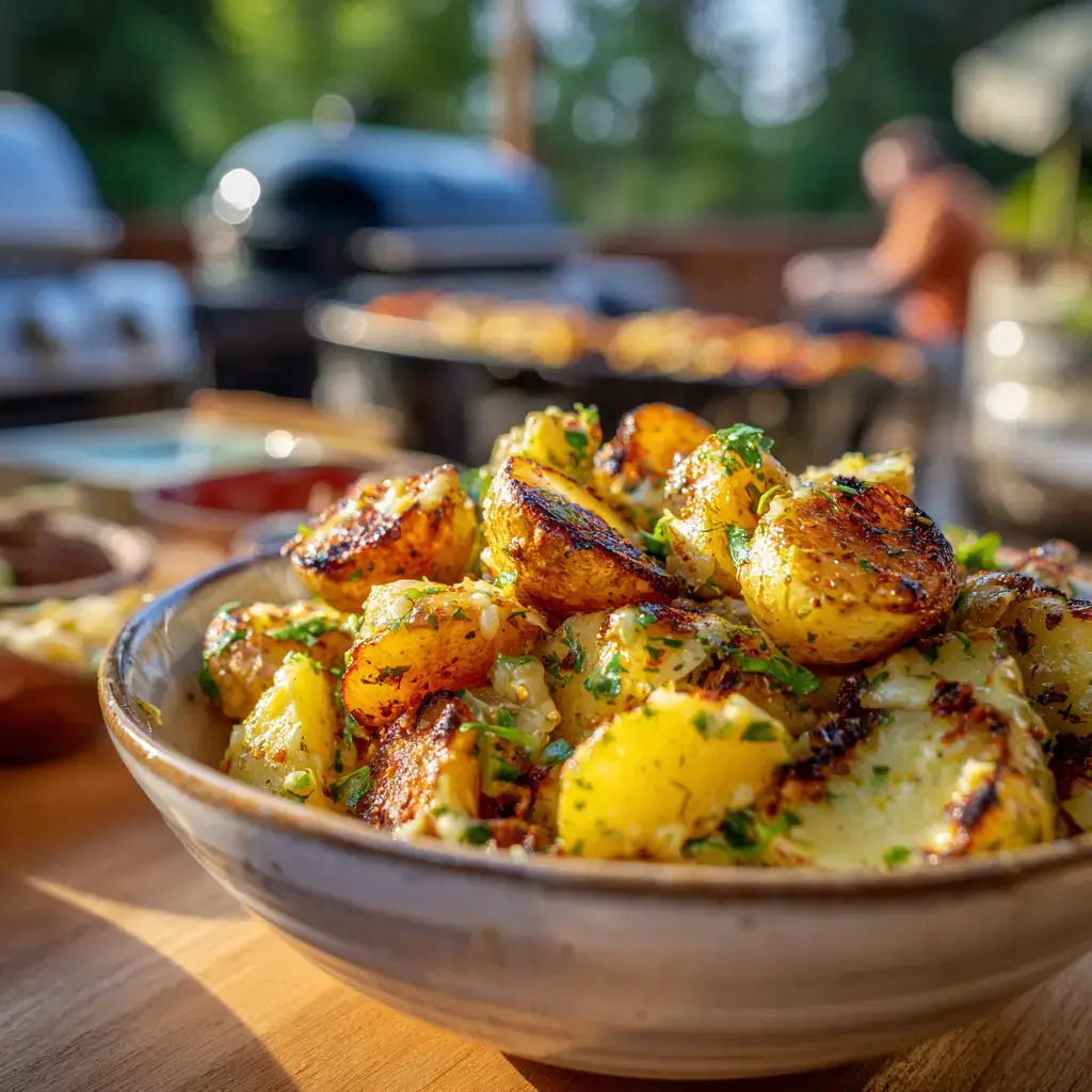 Close-up of grilled mustard potato salad with mustard dressing