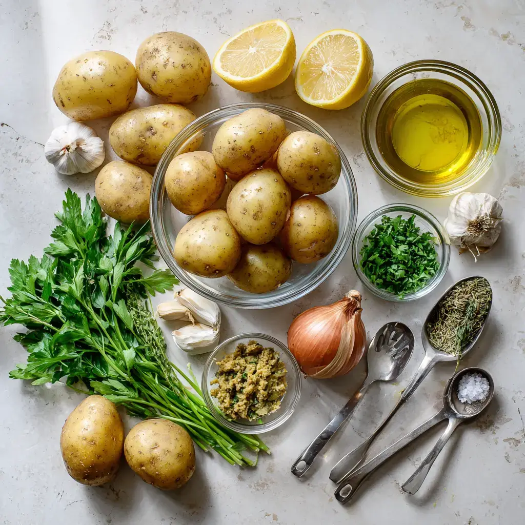 Ingredients for grilled mustard potato salad laid out on kitchen counter