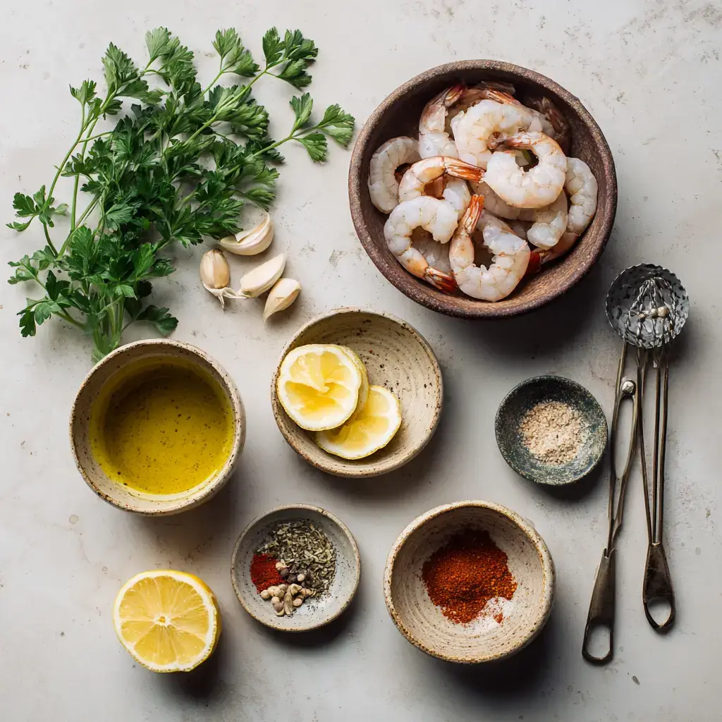 Ingredients for grilled shrimp marinade arranged on counter