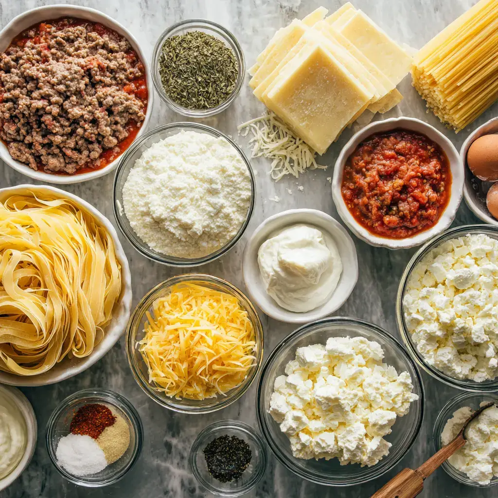 Ingredients for easy lasagna recipe with cottage cheese