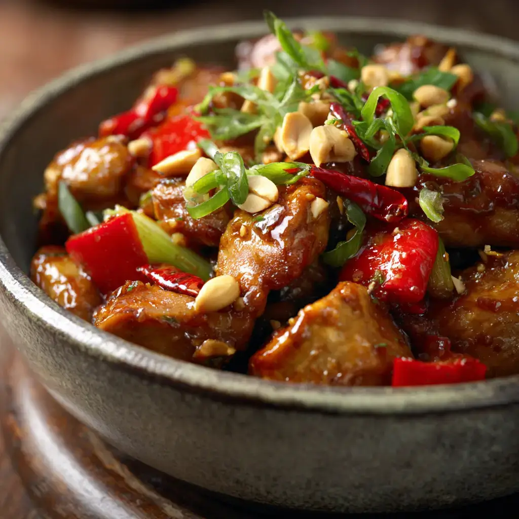 Low carb kung pao chicken with peanuts in ceramic bowl